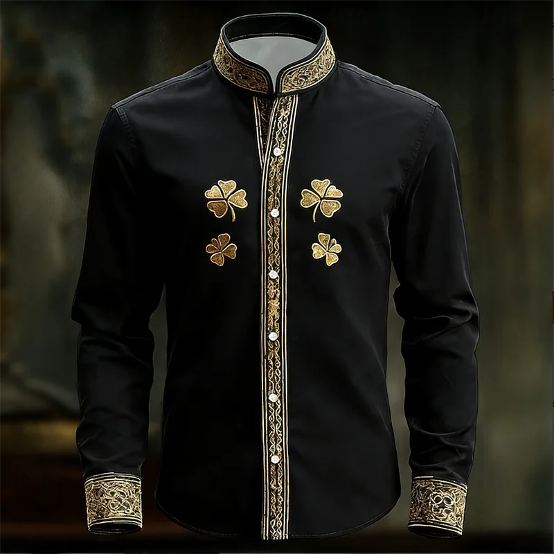 New Men's Floral Long Sleeved Shirt with Gold 3D Clover | SAMAG