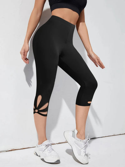 400 Women'S Cut - Out Hollow Leggings, Polyester Blend, High - Waist Skinny Stretch Capri Pants, Solid Color, Knit | SAMAG