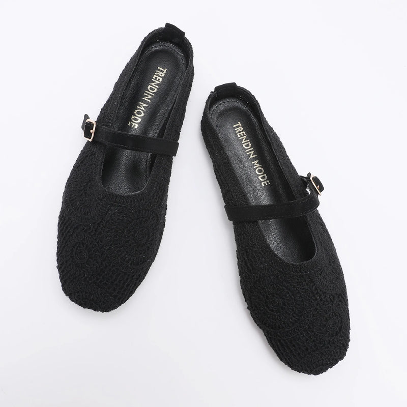 Trendin Mode Women's Knit Mules Square Toe Crochet Knit Slip-on Flats with Adjustable Buckle Breathable Closed-Back Slides
