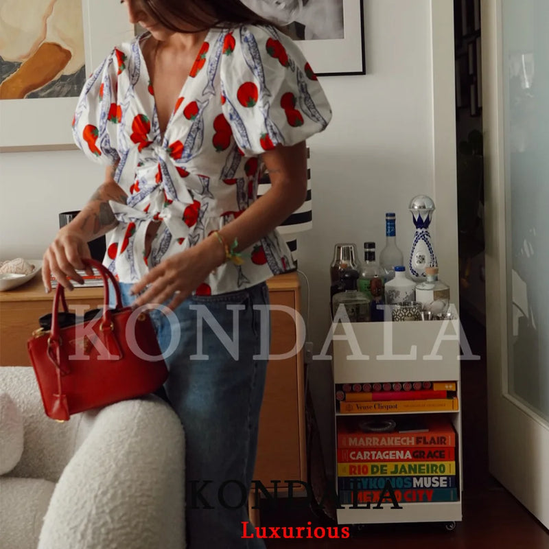 KONDALA Casual Chic Women Boho Blouse Print V - Neck Short - View 3 | SAMAG