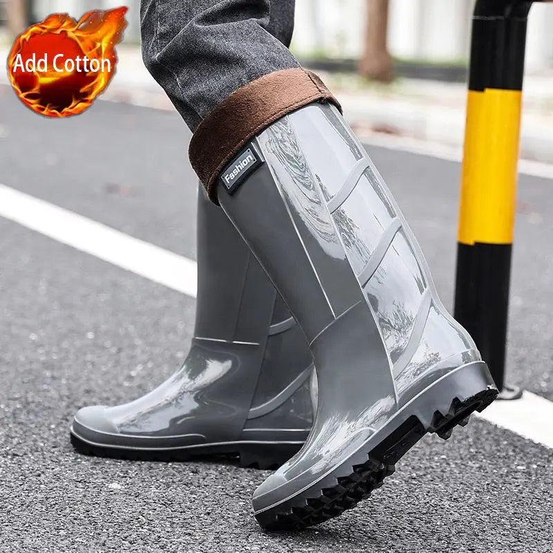 Men's Waterproof Rain Boots Knee High Anti-Slip Warm Fleece Lined Rubber Water Shoes Durable Fishing Garden Boots