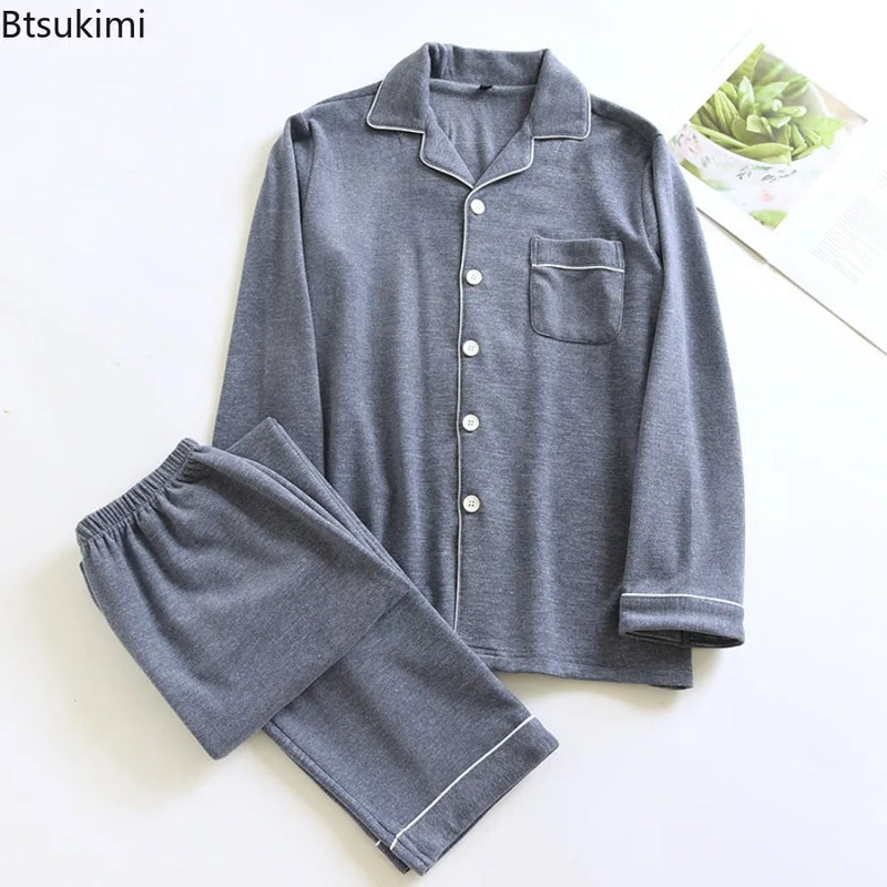 New 2026 Autumn and Winter Men's Pajamas Two Piece Set Nightwear Simple Solid Color Thick Pajamas Suit Pijama Loungewear for Men