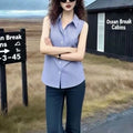 Office Lady Sleeveless Striped Plus Size Button Blouse - View 4 | SAMAG