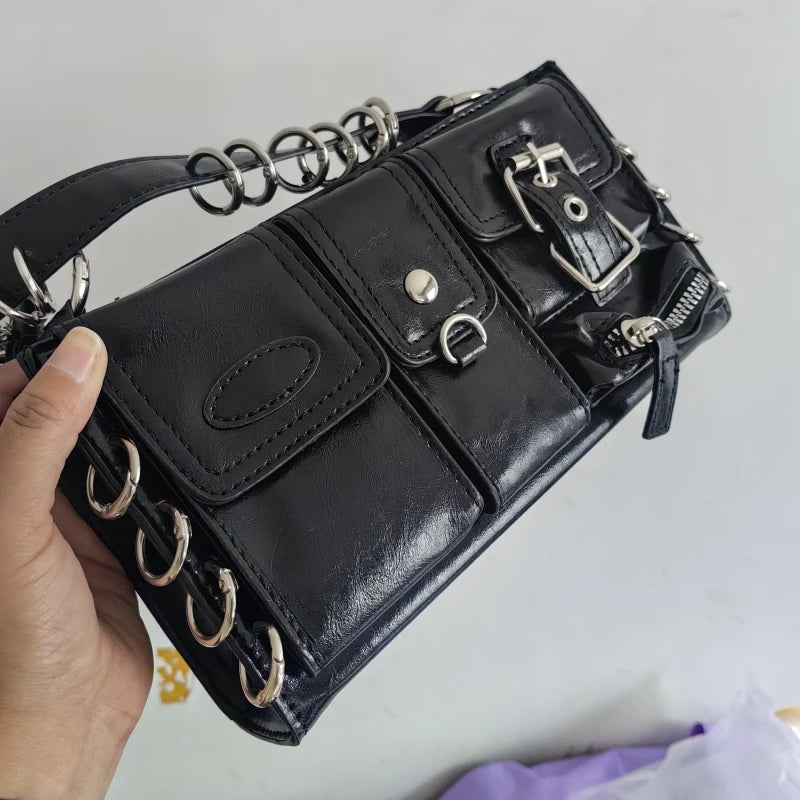 Meet You Y2K Vintage Gothic Black Shoulder Bag for Women Punk Cool Girls Multi-pocket Pu Leather Underarm Bag Trend Tote Bag