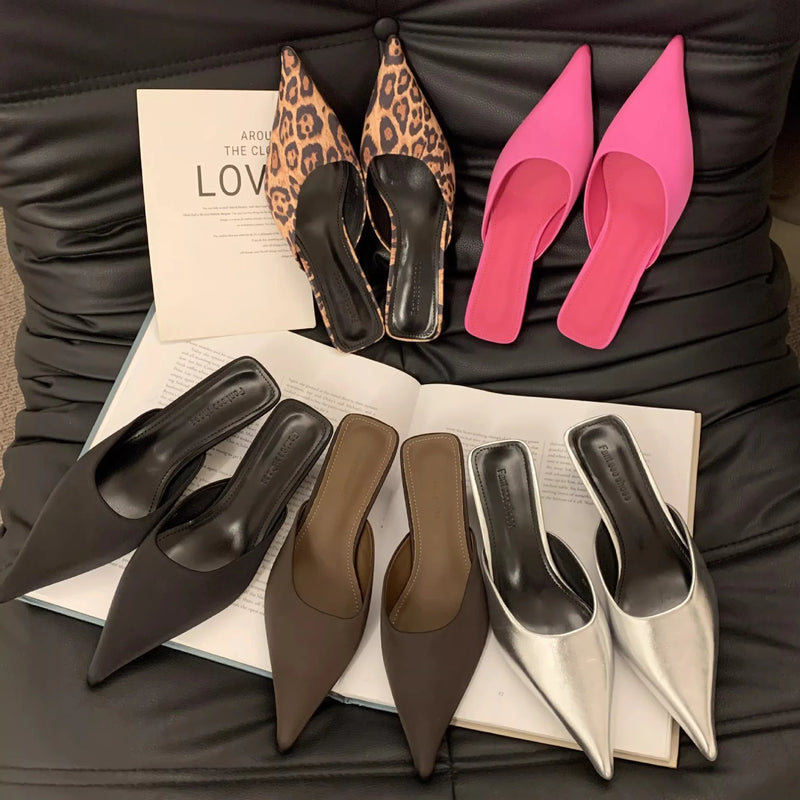 Pointed Toe Women Mules Slipper Fashion Candy Color Ladies Elegant Dress Sandal Square Low Heel Slip on Slides Shoes