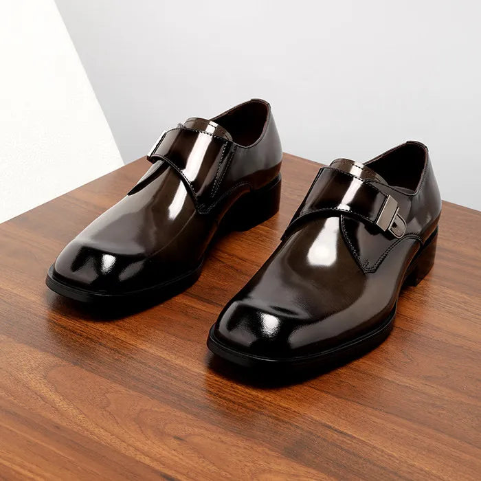 2026 Brown Arrival British Style Genuine Leather Men's Dress Shoes Buckle Square Toe Shiny Wedding Shoes Fashion