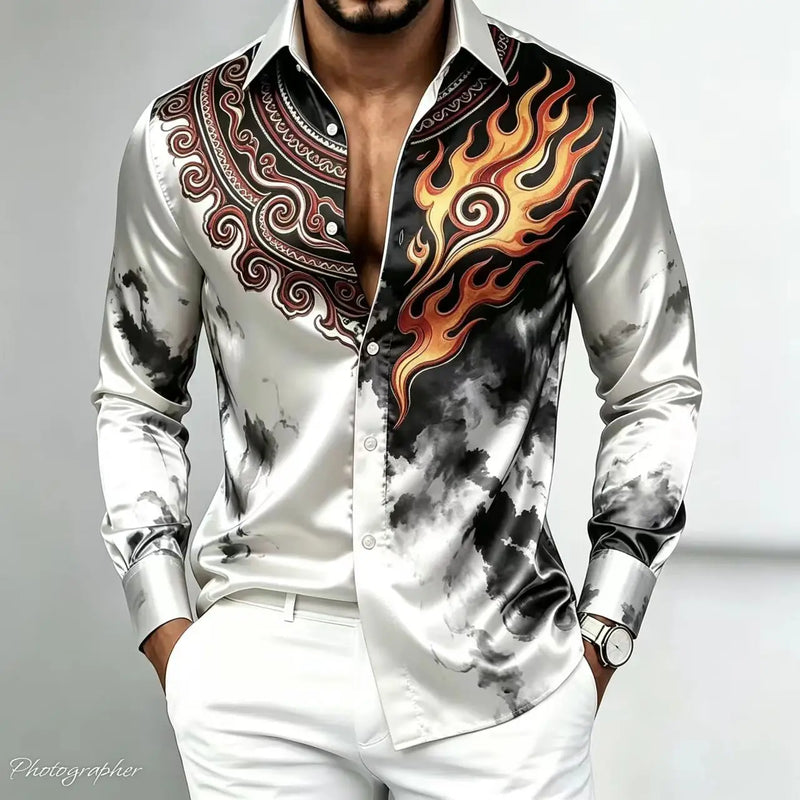 Men's Retro Baroque Printed Satin Silk Shirt Long Sleeved | SAMAG