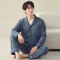 Autumn Spring Plaid Cardigan Sleepwear for Men 2026 New Fashion Homewear Male Size L-3XL Long Sleeves trouser 2Pcs/set Pajamas