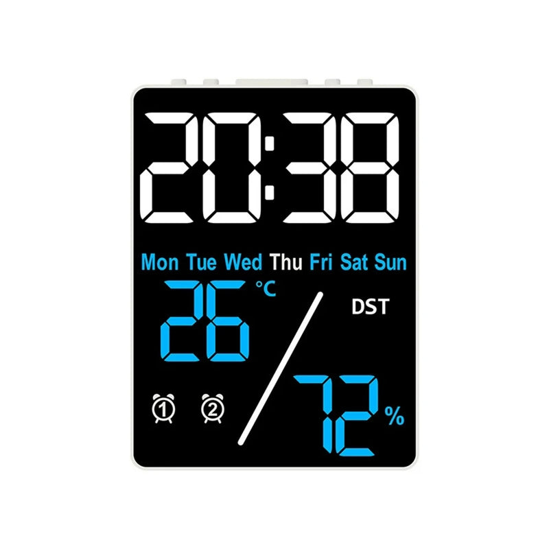 Digital Alarm Clock TEMP Humidity Date Week Disply 2 Alarm Snooze Electronic Table Clock 3-level Brightness 12/24H DST LED Clock