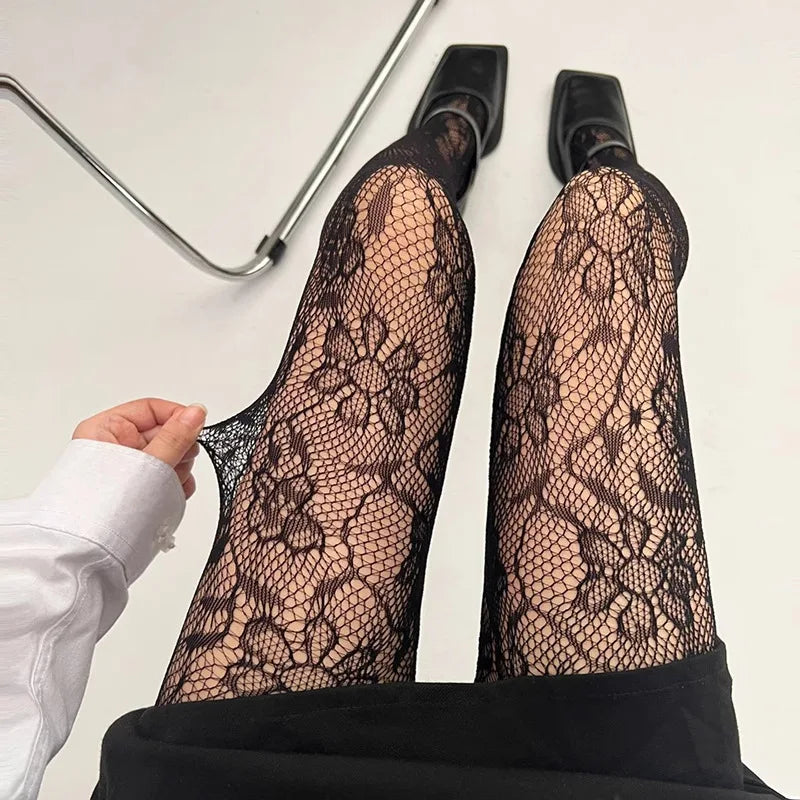 Lolita Sweet Girls Punk Style Floral Tights Colorful Thigh High Stockings Lingerie Women Sexy Hollow Out Mesh Fishnet Pantyhose