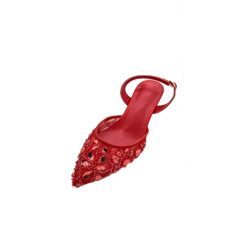 INSIGHTLINK Red Color Party Shoes and Bags Nigerian Women’s Suit Medium Heel Pointed Toe Women’s Shoes  Rhinestones sandals Red