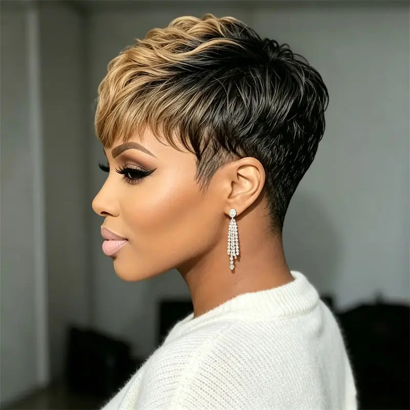Pixie Cut Human Hair Wig Full Machine Made Black Honey Blonde Ombre 6 Inch Curly Layer Short Wig For Black Women Daily Party