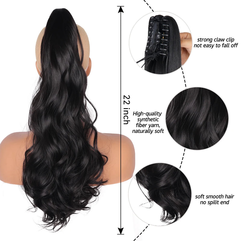 Synthetic Claw Clip On Ponytail Extension 22Inch Long Straight Wavy Ponytail Hair Ponytail With Claw Clip On Ponytail For Women