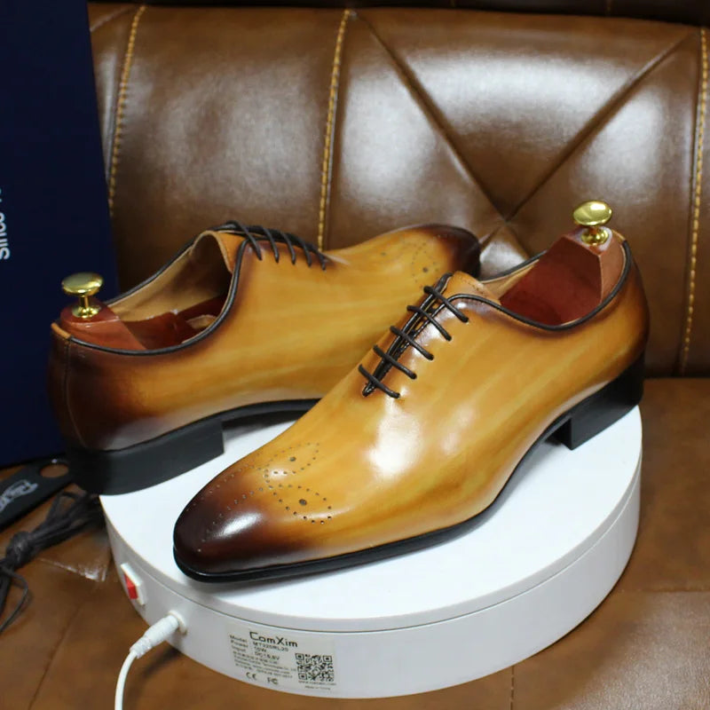Mens Oxford Genuine Leather Shoes Whole Cut Fashion Pointed Toe Lace-up Formal Business Wedding Dress Shoes for Men