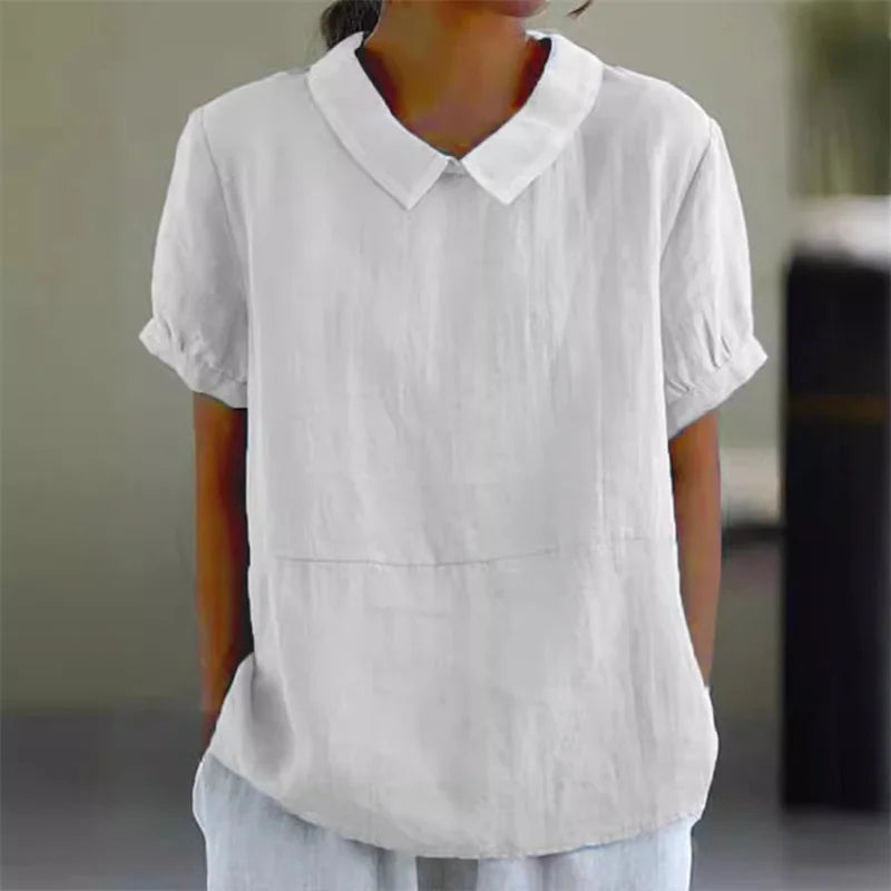 Solid Color Cotton Linen Lapel Pullover Shirt Women - View 3 | SAMAG