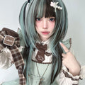 28Inch Lolita Style Mint Chocolate Synthetic Wigs with Bangs Long Natural Straight Hair Wig For Women Cosplay Heat Resistant