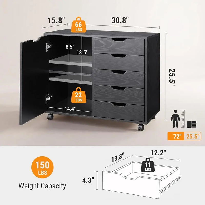 5-Der Wood Der Cabinet, Oice Storage Cabinet, Black | Crat Storage Cabinet, Under Desk Der, Rolling Cart urniture, Adjustable Sh