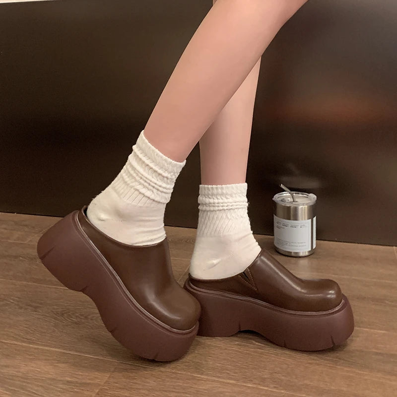 Women Platform Mules Slip On Clogs Solid PU Round Toe 6-8CM High Thick Sole Casual Daily Walking Autumn Outdoor Ladies Footwear