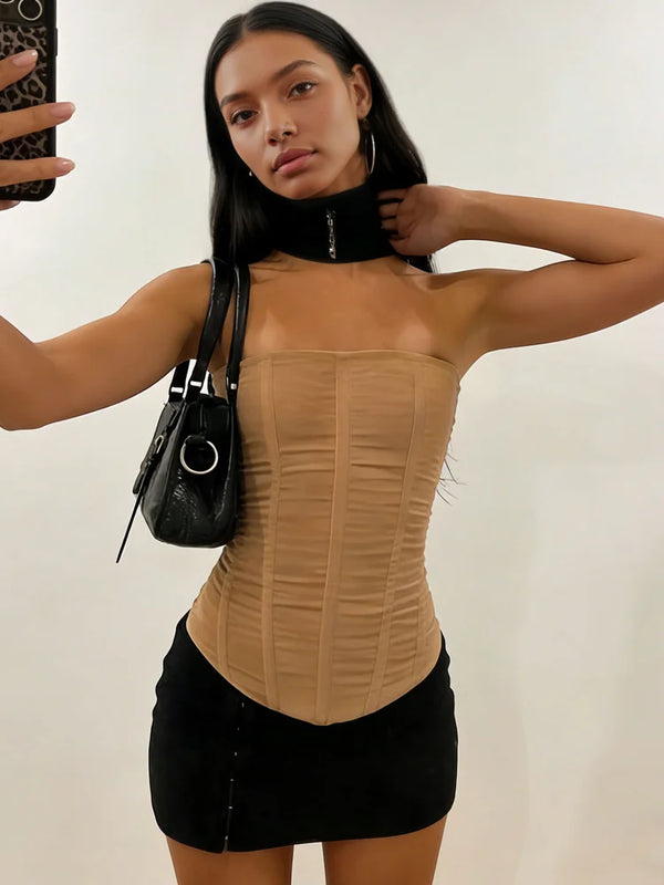 Tossy Mesh Backless Summer Vest Female Elegant Luxury Patchwork Strapless Solid Slim Streetwear Inner Sexy Y2k Tank Top Women's