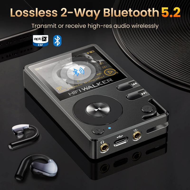 HiFi Walker H2 Digital Music Player MP3 with ESS9218 Chip, Bluetooth 5.2, DSD,USB DAC,Lossless Flac, 64G up to 512G 12H Playback