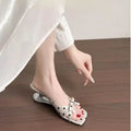 Retro French Polka Dot Bow Mule Sandals for Women, Square Toe Mid-Heel Hollow-Out Heel Slides, Versatile Outdoor Slippers