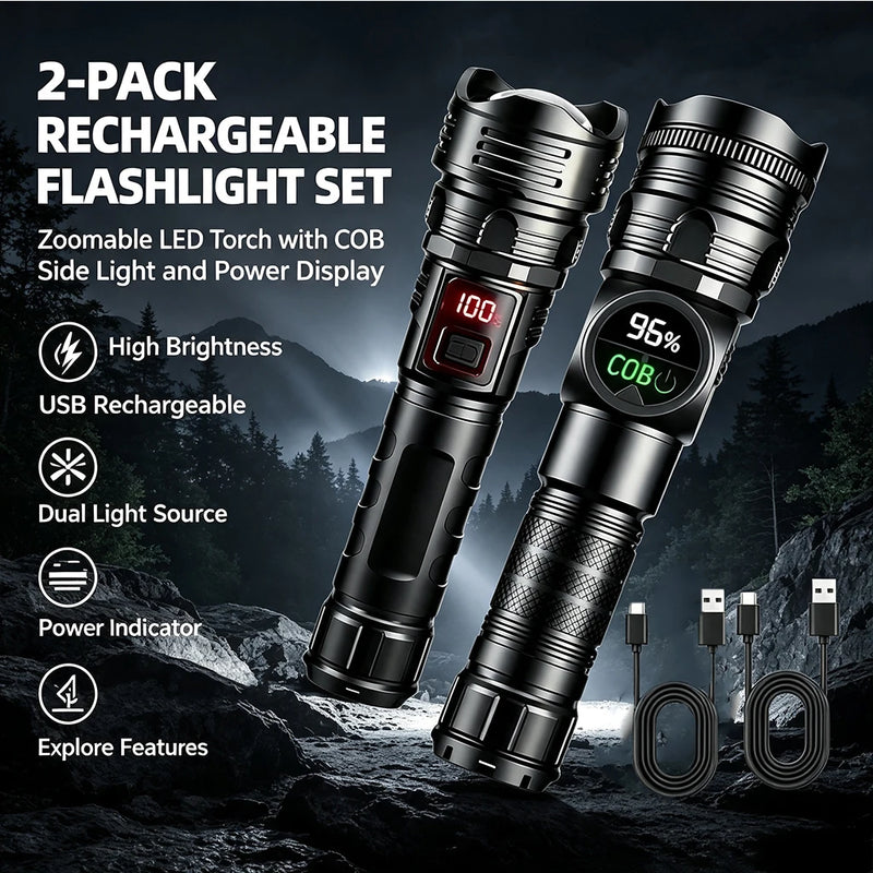 2PCS Super Bright Rechargeable LED Flashlight with COB Side Light & Digital Display, USB-C Fast Charging, Zoomable Tactical Torch for Outdoor Camping Hiking Emergency