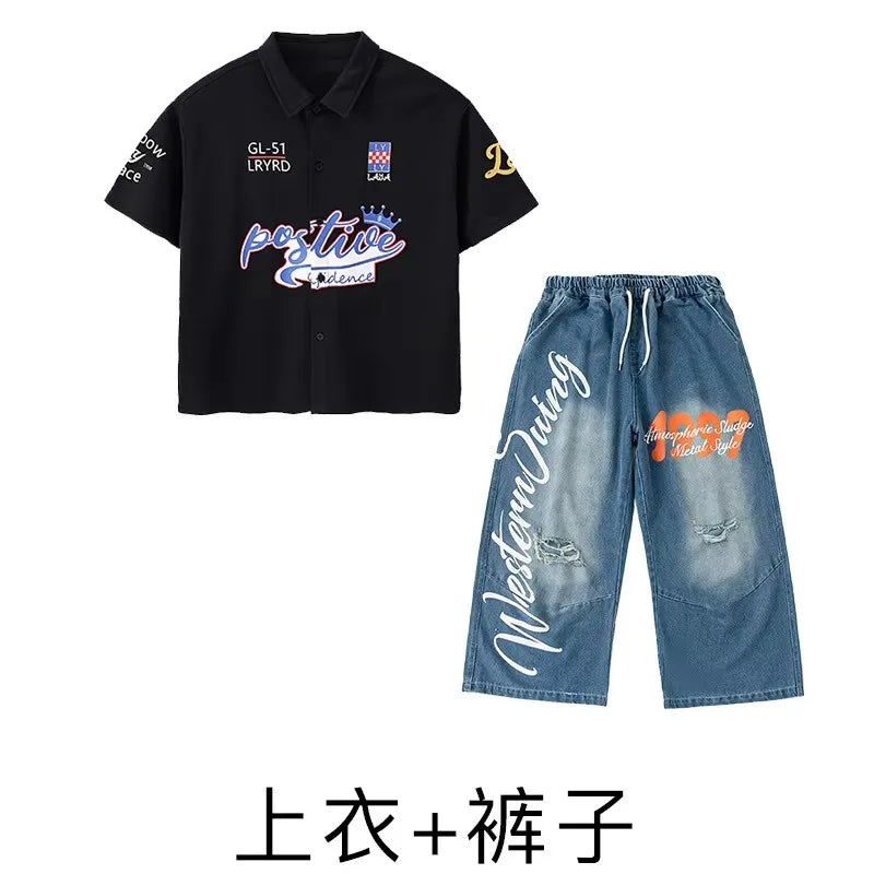 Kid Hip Hop Clothing Black Baseball Shirt Top Denim Blue - View 8 | SAMAG