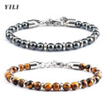 2026 Classic 6mm Tiger Eye Stone Hematite Beaded Bracelet Adjustable Stainless Steel Chain Bracelet for Men Women Jewelry Gifts