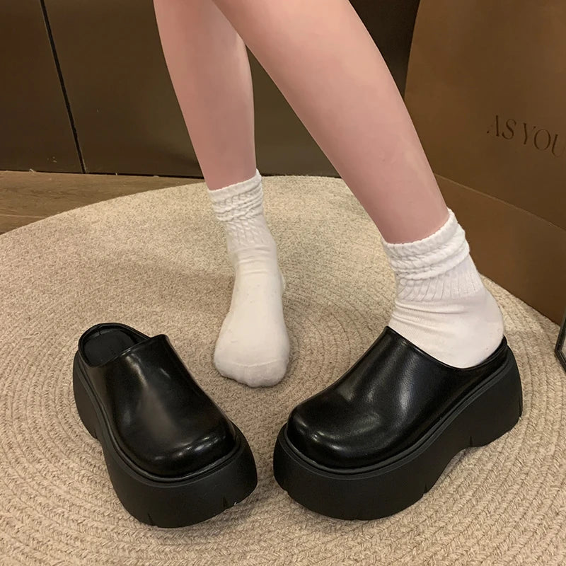Women Platform Mules Slip On Clogs Solid PU Round Toe 6-8CM High Thick Sole Casual Daily Walking Autumn Outdoor Ladies Footwear