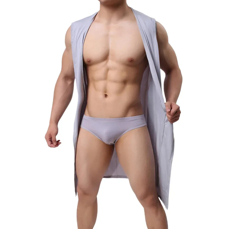 Men's Home Bathrobe Sleeveless Silky Smooth Soft Hooded Sleeping Robe Pajama Comfortable Ultra-thin Lingerie Loose Bathing Suits