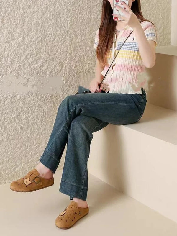 Soft Leather Bear Cutout Mules for Women, New Breathable Closed-Toe Slide Sandals, Slip-On Hollow Out Clogs