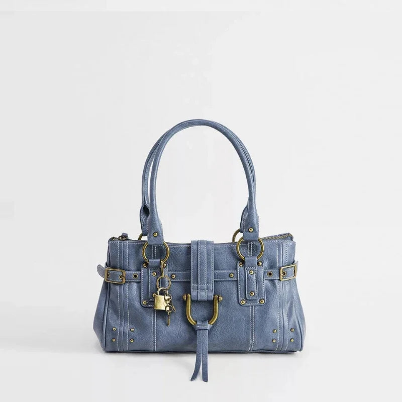 Vintage Rivet Large Capacity Commuter Tote Bag Underarm Shoulder Handbag Luxurious Studded Buckle Design Street Style Hobo Purse