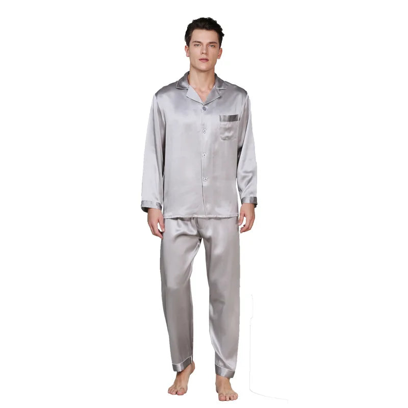 Birdtree 19 Momme 100%Pure Silk Pajamas Sets, Men Homewear Male Casual Long Sleeve Loungewear Pant 2 PCS Suit Sleepwear S38008QM