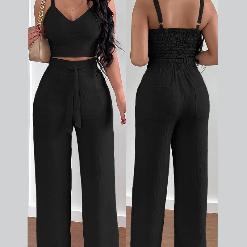 Women's Two Piece Sets Fashion Print Halter V-Neck Short Tank Suit Tops Long Pants Matching Set Summer Casual Female Slim Pants