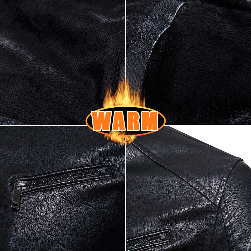 Men PU Leather Jacket Fashion Autumn Winter Stand Collar Slim Leather Jackets Warm Casual Coat Moto Biker Windproof Leather Coat
