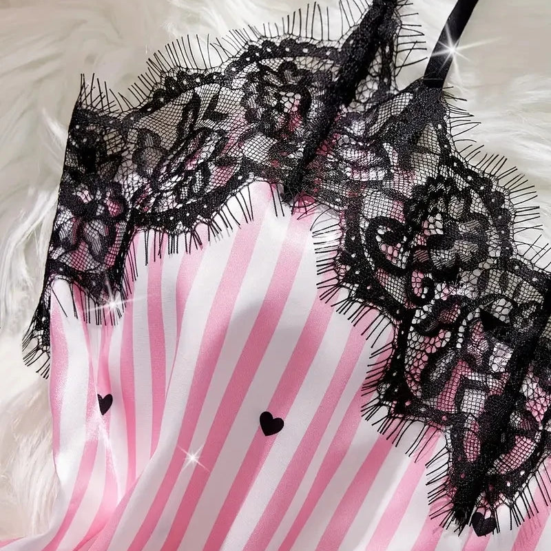 Summer Silk Satin Women's V-Neck Sexy Lace Suspender Pajama Shorts Set Stripes Heart Casual Women's Sleeveless Sexy Pajama Set