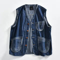 Spring Autumn Jacquard Cowboy Vest V-neck Single breasted Men Vests Jacket Japanese Casual Fashion Loose Sleeveless Denim Coat