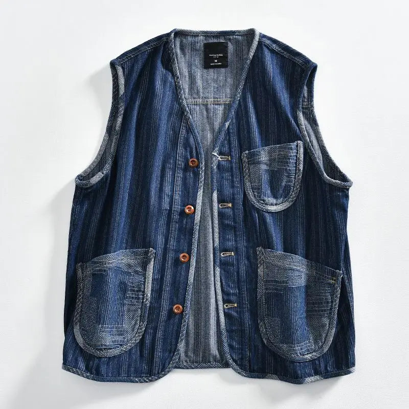 Spring Autumn Jacquard Cowboy Vest V-neck Single breasted Men Vests Jacket Japanese Casual Fashion Loose Sleeveless Denim Coat