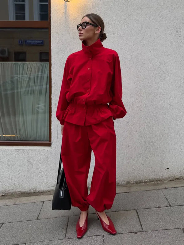 DFDG Women 2026 Spring Summer Casual Stand Collar Long Sleeve Top High Waist Elastic Cuff Jogger Pants Two Piece Streetwear Set