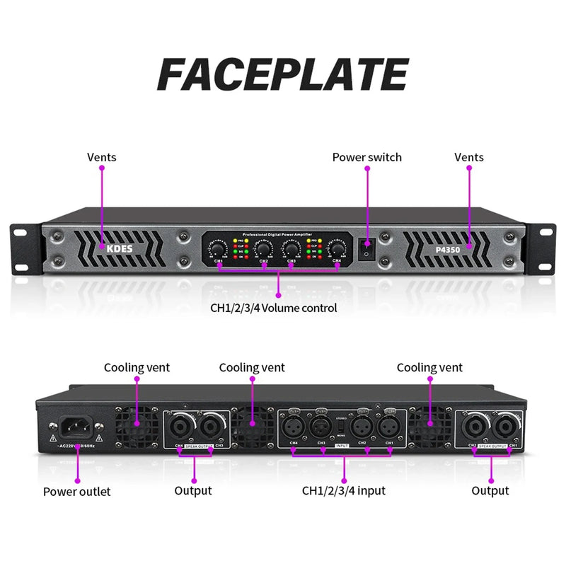 KDES PA/DJ Power Amplifier 2 Channel (8Ω) 300W and 4 Channel (8Ω) 350W Class D Digital 1U for Stage KTV Conference System