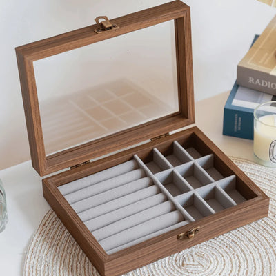 Retro Elegant Wood Jewelry Box Glass Lid Dust - proof Organizer Velvet Storage Ring Display Holder Desk | SAMAG