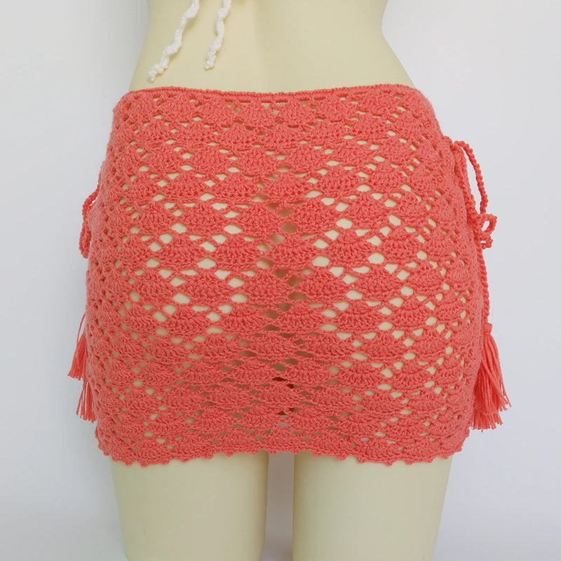 High Quality Bikini Cover Up Mini Skirt Beach Skirt Hollow Out Tassel Bandage Short Beach Skirt Cover-Ups 100% Handmade