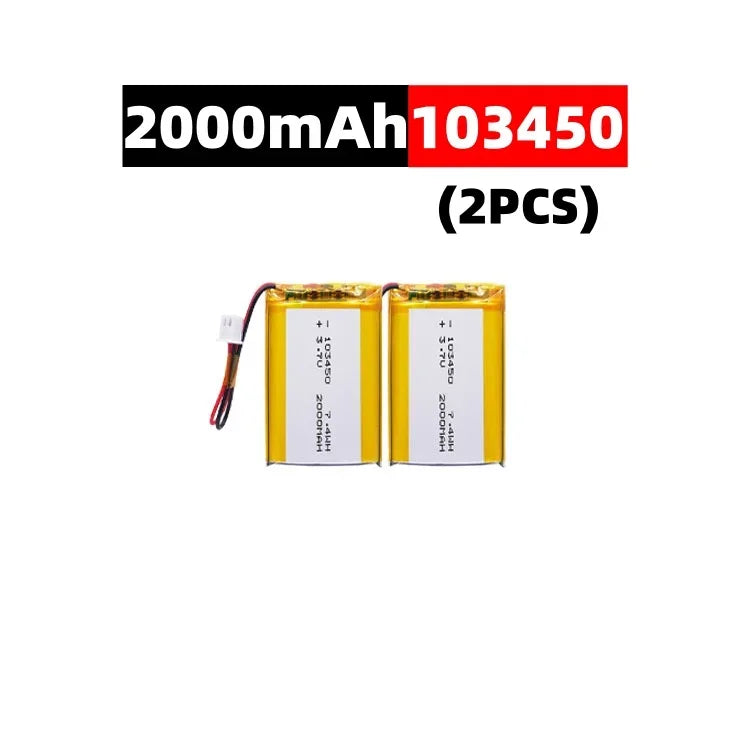 103450 3.7V 2000mAh Polymer Lithium Rechargeable Battery jst PH 2.0mm 2pin plug for Camera GPS navigator MP5 Bluetooth Headset