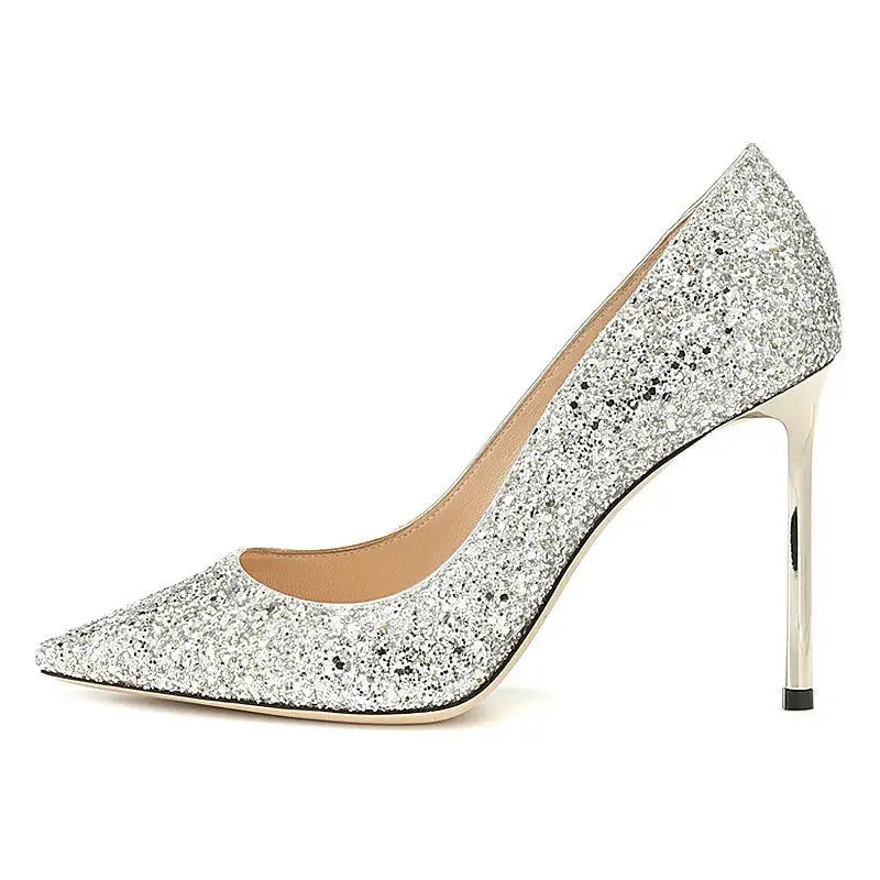 2024 Fashion Spring New Autumn Woman 9CM/7CM High Heels Silver Wedding Shoes Stiletto Pointed Toe Slip-on PU Bling Luxury Ladies