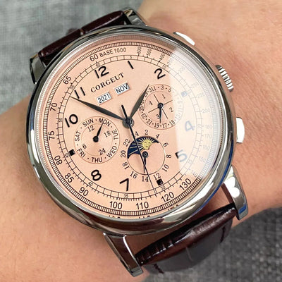 Corgeut 42mm Automatic Men's Watch Date Day Month Year Salmon Dial Multifunction 316L Leather Strap Polished Case | SAMAG