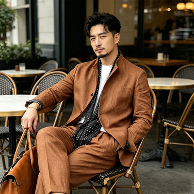 Men's Linen Blend Suit Set Stand Collar Breathable Casual | SAMAG