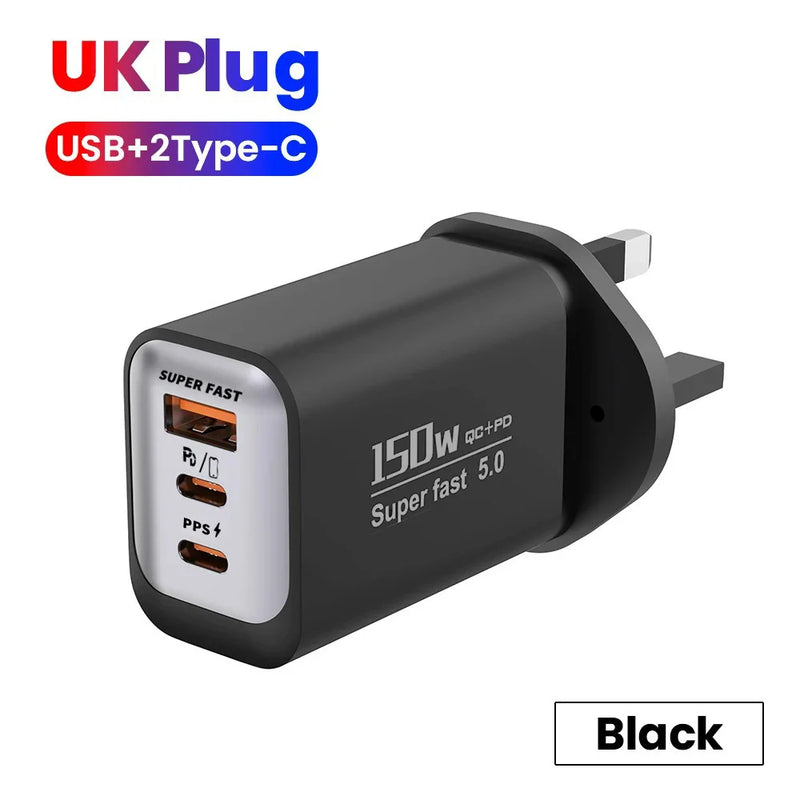 150W Type C Charger Fast Charging Phone Charger Adapter For iPhone Samsung Xiaomi Huawei EU/US/UK Plug Quick Charge Wall Charger