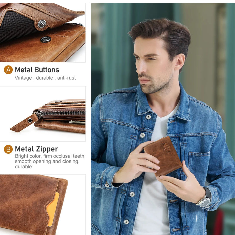 CONTACT'S Genuine Crazy Horse Leather Men Wallets Vintage Trifold Wallet Zip Coin Pocket Purse Cowhide Leather Wallet For Mens