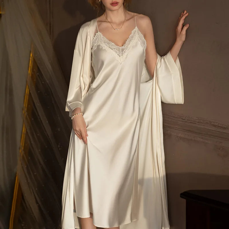 Plus Size Long Robe Nightgown Set Pajama Elegant Kimono | SAMAG