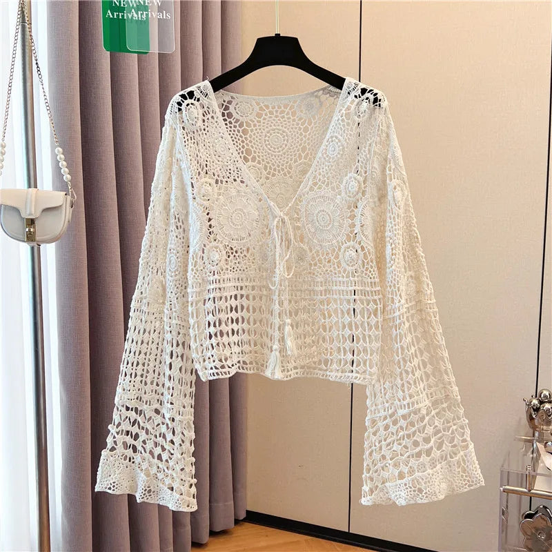 Boho Crochet Cardigan Women Flare Sleeve Tie Front Floral Open-knit Blouse Cardi Beach Bikini Cover Up Bolero Vacation Outfit